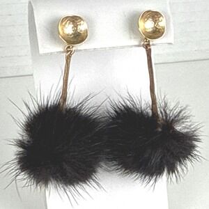 Faux Mink Fur Earrings Black Pom Poms Gold Plated 925 Silver Hammered Dangles